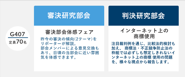 G407(定員70名)「審決研究部会」審決部会体感フェア 昨今の審決の傾向(2テーマ)をリポーターが解説。部会メンバーによる意見交換もあり、日頃の当部会に近い雰囲気を体感できます。/「判決研究部会」インターネット上の商標使用 注目裁判例を通じ、比較法的検討も加え、商標法・不正競争防止法の枠組では必ずしも想定しきれないインターネット上の商標 使用の問題を、様々な視点から報告します。